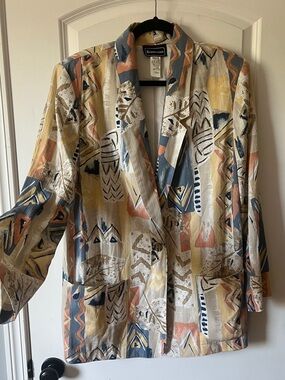 Vintage Multicolor Abstract Print Blazer - Blue, Cream, Tan, Peach